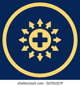 Pharmacy Distribution vector icon. Style is flat circled symbol, yellow color, rounded angles, blue background.
