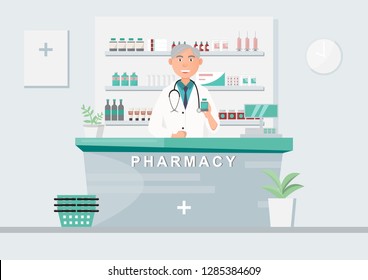pharmacy with doctor in counter. drugstore cartoon character design vector illustration