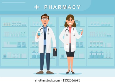 Pharmacy Doctor Nurse Counter Drugstore Cartoon Stock Vector (Royalty ...