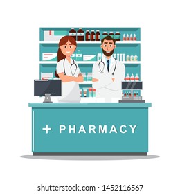 pharmacy with doctor and nurse in counter. drugstore cartoon character design vector illustration