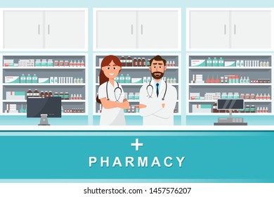 Pharmacy With Doctor And Nurse In Counter. Drugstore Cartoon Character Design Vector Illustration