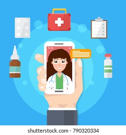 Pharmacy, doctor online medical consultation, internet  health service. Vector illustration.
