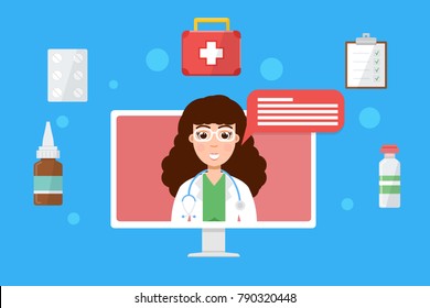 Pharmacy, doctor online medical consultation, internet  health service. Vector illustration.