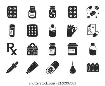 Pharmacy-Doodle-Illustration einschließlich flacher Icons - Flasche, Tablettenblister, Kapseln, Vitamin, Husten-Sirup, Kontrazeptiva und Nahrungsergänzungsmittel. Glyph Silhouette Kunst über Arzneimittel-Geschäft. Schwarze Farbe