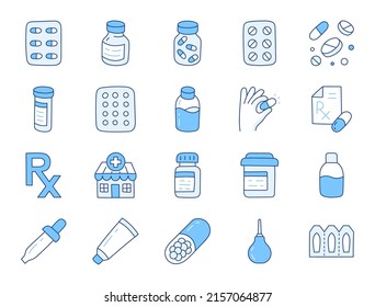 Pharmacy doodle illustration including icons - pills bottle, capsules, pipette, tablets blister, vitamin, contraceptives and supplements. Thin line art about drug store. Blue Color, Editable Stroke