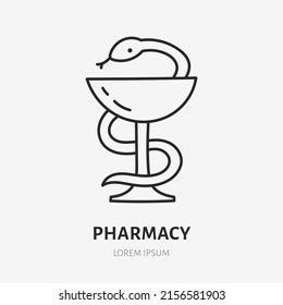 Pharmacy doodle line icon. Vector thin outline illustration of snake and cup. Black color linear sign for hygeia emblem