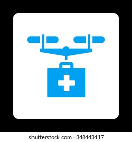 Pharmacy Drone Shipment vector icon. Style is flat rounded square button, blue and white colors, black background.