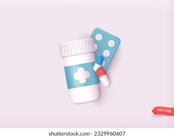 Pharmacy drug health tablet pharmaceutical. White medicine pills and tablets. 3D Web Vector Illustration.