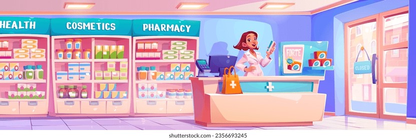 Pharmacy drug store interior vector illustration. Pharmacist character near counter in drugstore with medicine. Pharmaceutical pill treatment product in hospital sale by professional worker design