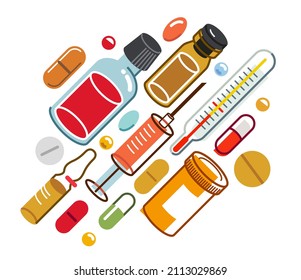 Pharmacy drugs apothecary bottles and pills and ampules, big composition set of medicaments vector flat illustration isolated, health care and healing medical theme design.