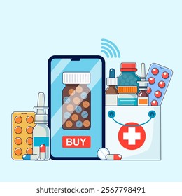 pharmacy drugs on prescription. online pharmacy concept. pills, spray, antibiotic, flu medicine. flat vector illustration isolated on white background