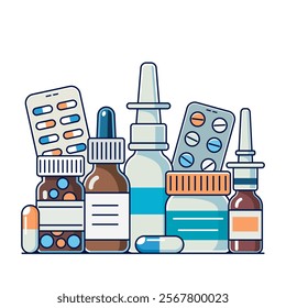 pharmacy drugs on prescription. online pharmacy concept. pills, spray, antibiotic, flu medicine. flat vector illustration isolated on white background