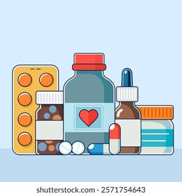 pharmacy drugs on prescription. online pharmacy concept. pills, spray, antibiotic, flu medicine. flat vector illustration isolated on white background