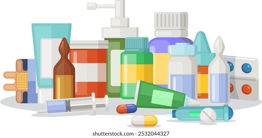 Pharmacy drugs pile. Cartoon medical treatment icon