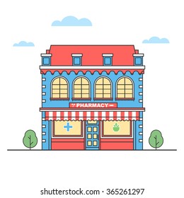Pharmacy drugstore building. Flat line vector illustration for your design