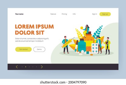 Pharmacy and drugstore concept. Tiny pharmacists presenting drugs, antibiotic pills, vitamin, syringe, bottles. Vector illustration for medication, pharmaceutical store, cure topics