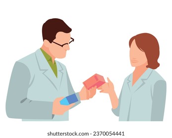 Pharmacy and drugstore concept. Tiny pharmacists presenting drugs, antibiotic pills, vitamin, syringe, bottles. Vector illustration for medication, pharmaceutical store, cure topics