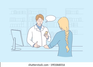 Pharmacy And Drugstore Concept. Young Smiling Pharmacist Doctor Cartoon Character Consulting Woman Patient Customer In Drugstore Vector Illustration 