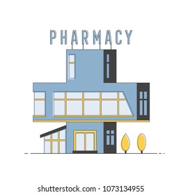 Pharmacy drugstore flat design. Vector illustration. Outdoor facade.
