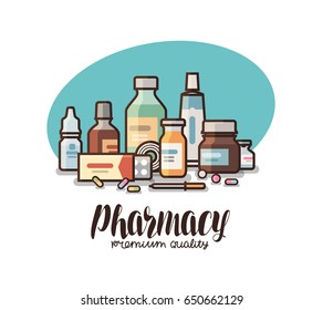 Pharmacy, drugstore label. Medical supplies, bottles liquids, pills, capsules icon or logo. Lettering vector illustration