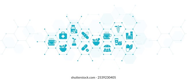 conceito de ícone de farmácia e farmácia e medicina - produtos e serviços - medicamentos, cosméticos, medicina alternativa: ilustração vetorial