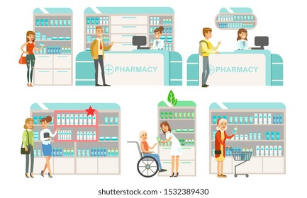 Pharmacy or Drugstore Modern Interior with Pharmacist and Shelves with Medicines, People Buying Medications Flat Vector Illustration