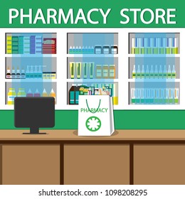  Pharmacy and drugstore. Sale White shopping bag with different medical pills and bottles . Vector simple illustration.