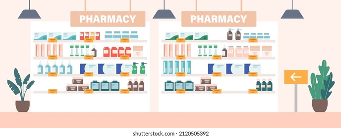 Pharmacy Drugstore Shelf, Rack with Medicine Retail Products, Shop Showcase With Pharmaceutical Pills, Remedy and Drug Packs, Bottles, Tubes and Sprays With Price Tags. Cartoon Vector Illustration