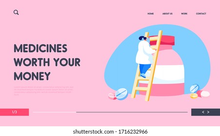 Pharmacy Drugstore Worker, Remedy Production Business Landing Page Template. Tiny Pharmacist Female Character Climbing on Huge Medicine Bottle with Drug Pills and Tablets. Cartoon Vector Illustration