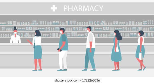 Pharmacy during the coronavirus epidemic. People in medical masks in the pharmacy. The pharmacist stands near the shelves with medicines. Visitors keep their distance in line.  Vector illustration 