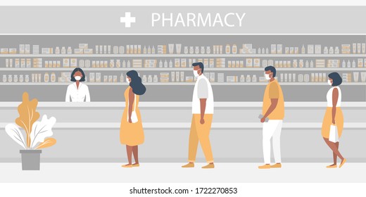 Pharmacy during the coronavirus epidemic. People in medical masks in the pharmacy. The pharmacist stands near the shelves with medicines. Visitors keep their distance in line.  Vector illustration 