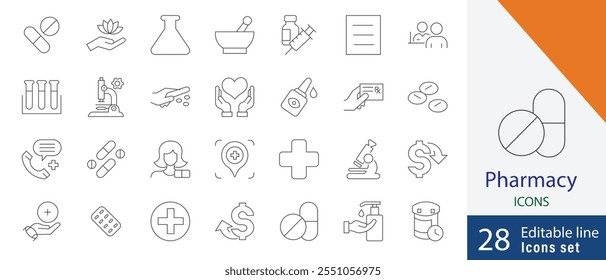 Pharmacy editable line icon Set. containing  syrup, medicine, drug, bandage, stethoscope, healing, cream and more thin line icons