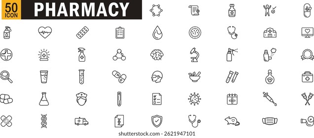 Symbolsatz für bearbeitbare Konturen in der Pharmazie. Medizin, Gesundheitswesen, Medikamente, Sicherheit, Forschung, Wellness und mehr.