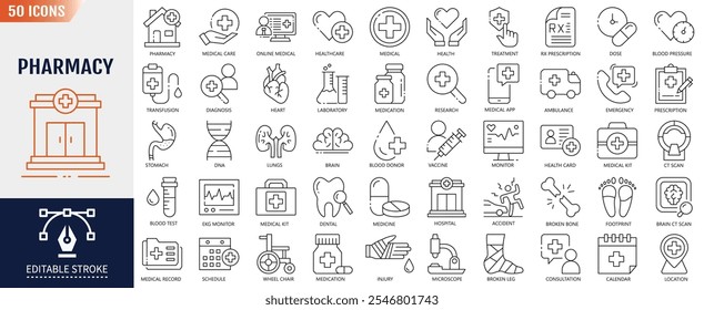 Conjunto de iconos de línea de trazo editable de farmacia. Contiene atención médica, médica, hospitalaria, de salud, medicina y otros. Ilustración de Vector