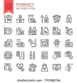 Pharmacy Elements. Thin Line and Pixel Perfect Icons
