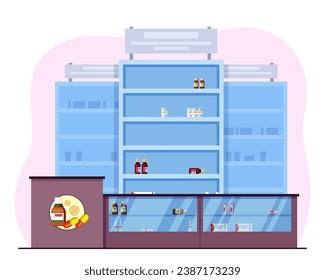 Pharmacy with empty shelves vector illustration. No people and no medicine in drug store. Medicine shortage concept