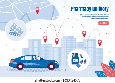 Pharmacy Express Delivery Service Trendy Flat Vector Web Banner, Landing Page Template. Pharmaceutical Company Salesman or Agent, Courier Riding Car, Delivering Orders to City Clients Illustration