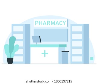 Pharmacy Exterior Illustration. Vector Concept Illustration Of Modern Pharmacy Interior In Hospital With Standing Desk, Computer Monitor, Shelves, Plant In A Flowerpot And Signage With Title PHARMACY