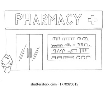 Pharmacy exterior store shop building graphic black white sketch illustration vector