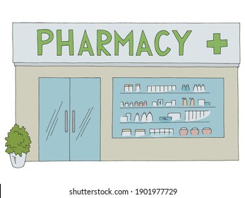 Pharmacy exterior store shop building graphic color sketch illustration vector 