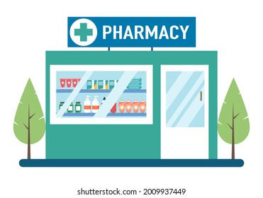 Pharmacy facade, drugstore exterior, modern medicine store building in flat design on white background.