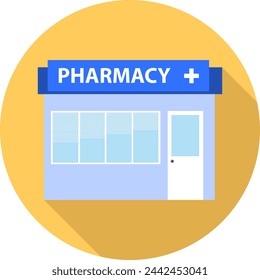 Farmacia, fachada de la farmacia aislada sobre fondo amarillo con sombra Icono de farmacia. Vector, ilustración de dibujos animados. Vector.