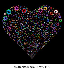 Pharmacy fireworks with heart shape. Vector illustration style is flat bright multicolored iconic symbols on a black background. Object heart combined from confetti design elements.