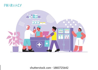 Pharmacy flat background with pharmaceuticals and customer in drugstore interior vector illustration