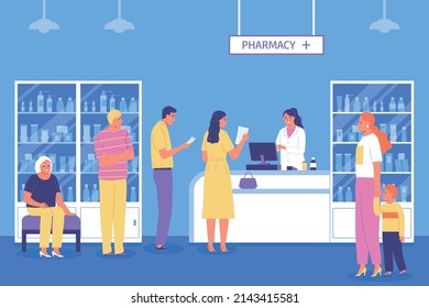 Pharmacy flat color composition with people holding prescriptions standing in line for medicines and pharmacist in white coat at counter vector illustration