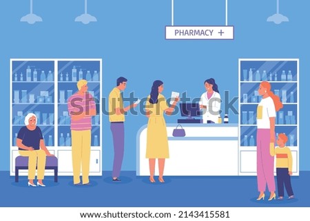 Pharmacy flat color composition with people holding prescriptions standing in line for medicines and pharmacist in white coat at counter vector illustration