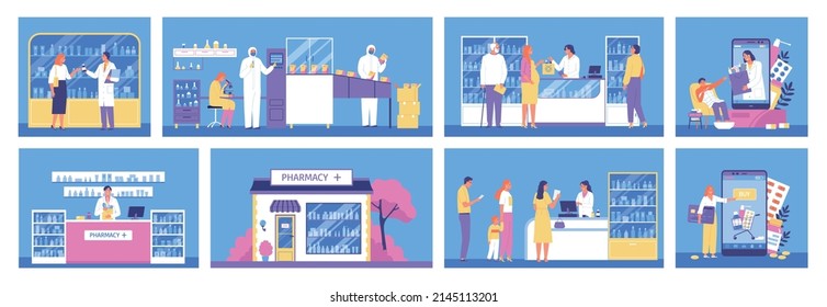 Pharmacy flat color compositions set of people making purchases of medicines online and in drugstore isolated vector illustration