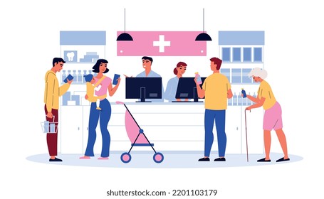 Pharmacy flat composition with people buying medical pills in drugstore vector illustration