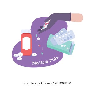 Pharmacy flat composition with various medical pills and pharmacist hand vector illustration