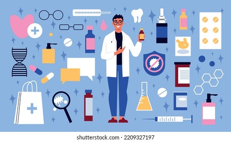 Pharmacy flat icons set with pharmacist and medical items vector illustration